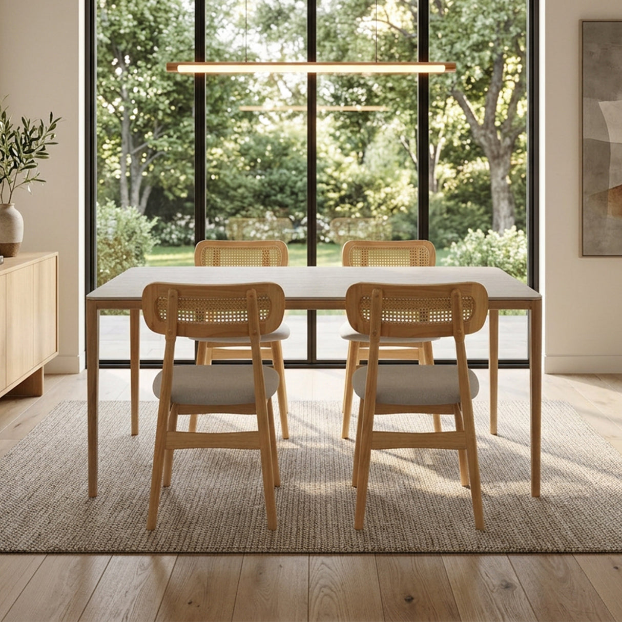 Comedor Lyra con 4 Sillas Lirio | Mesa de Cerámica y Sillas de Madera de Arce