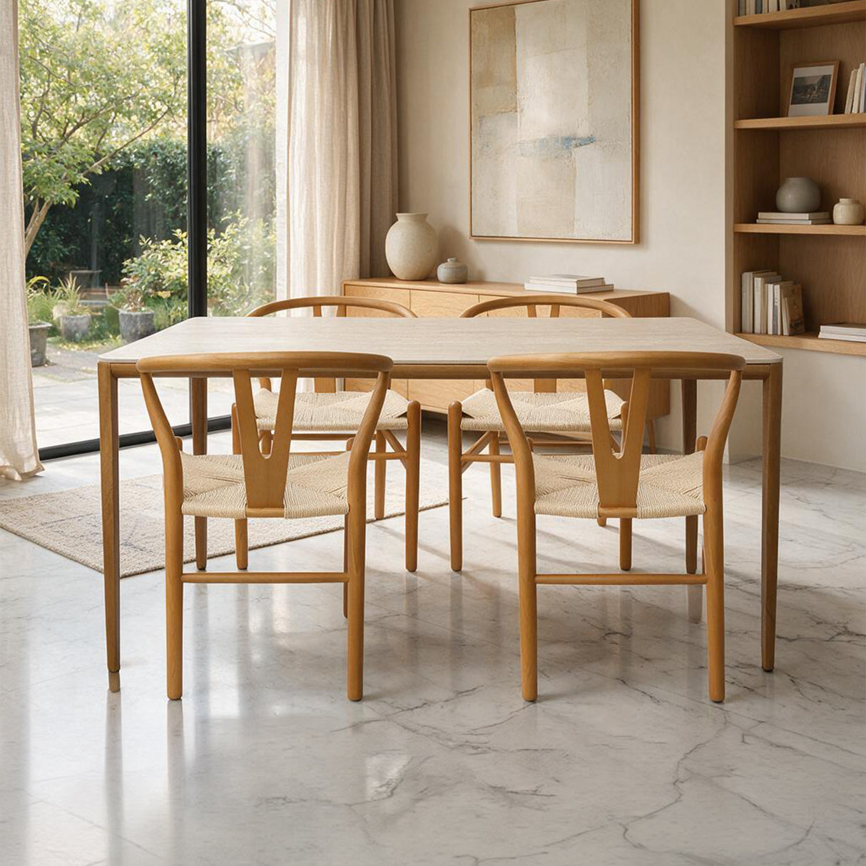 Comedor Lyra con 4 Sillas Loto | Mesa de Cerámica y Sillas de Madera de Arce