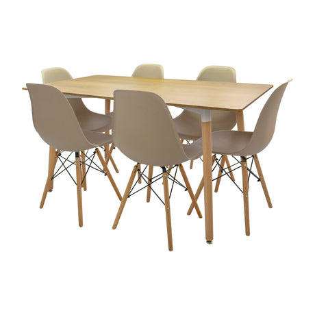COMEDOR RECTANGULAR BRAVUS MÁS 6 SILLAS DKR TIPO EAMES BEIGE