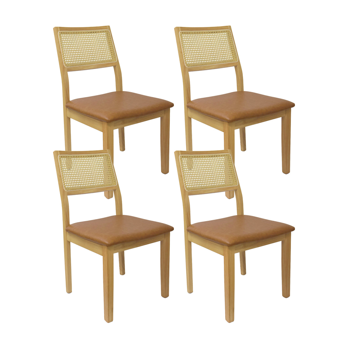 Set X4 Sillas Dalia en Madera de Arce con Respaldo en Ratán y Asiento en Ecocuero